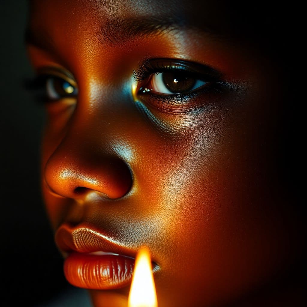 AI generated: Extreme close-up of a black African young girls  face caught in a powerful emotional moment — eyes g...