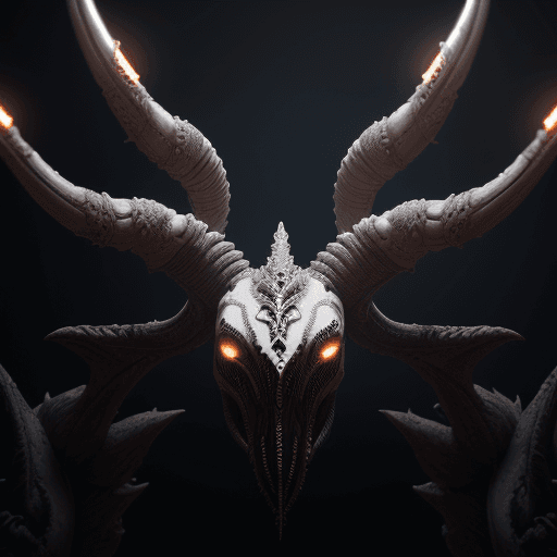 AI generated: symmetrical fractal spikes, baphomet, xenomorph, ornate, cinematic lighting, white lights, dark, ext...