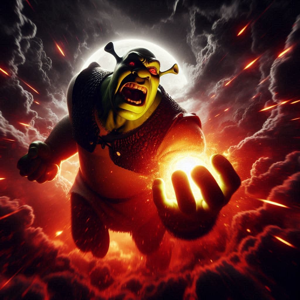 AI generated: vista de ángulo despaldas de figura oscura de Shrek heroico con determinación contrastado sobre fond...