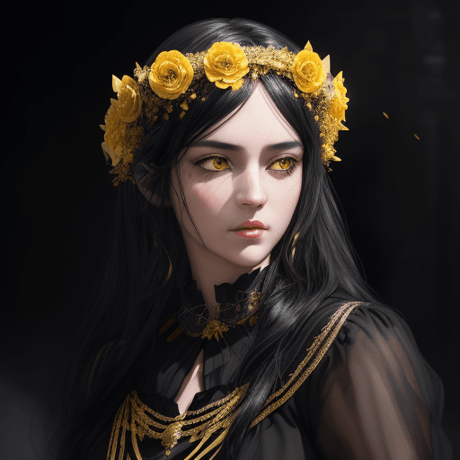AI generated: beautiful girl,with black hair and yellow eyes, dressed in black-gold color, with a flower wreath on...