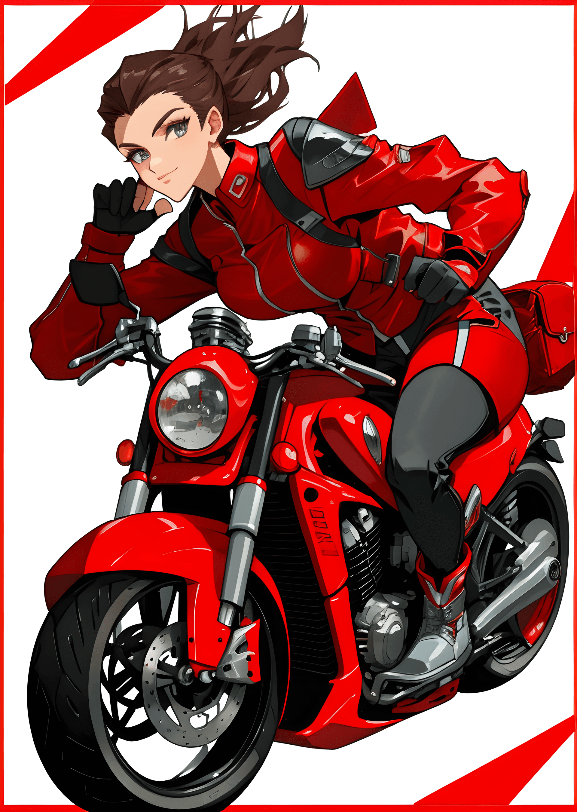 AI generated: motorcyclist woman posing next to her red motorcycle
