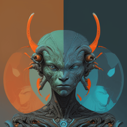 AI generated: alien cyborg art and illustration by theo el, in the style of balanced symmetry, light orange and cy...