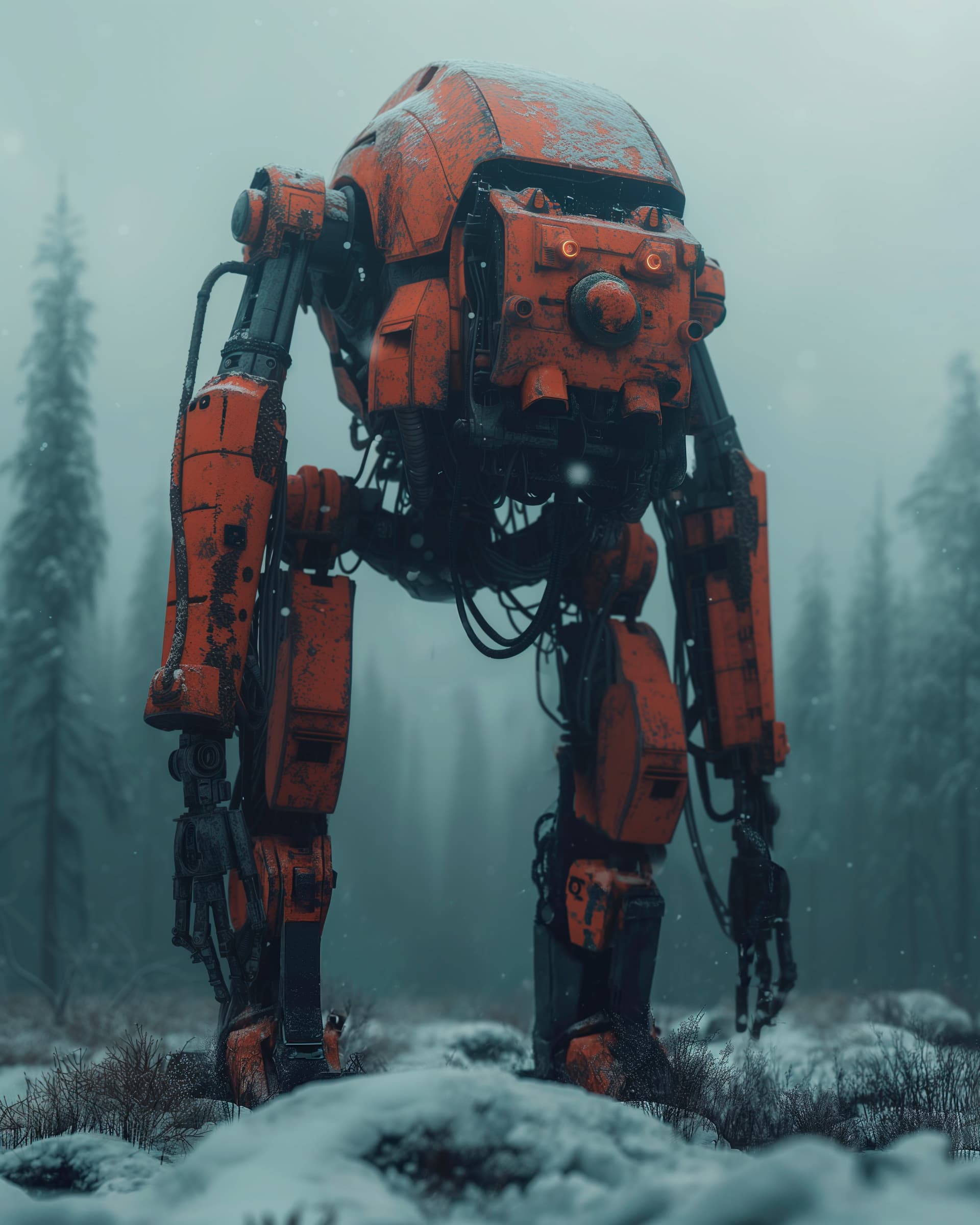AI generated: post apocalypse, close up shots, lov angles, a orange robot, snowy, foggy