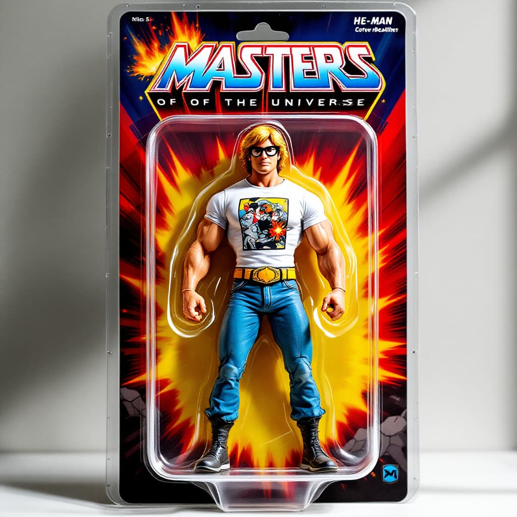 AI generated: A photo-realistic action figure packaged in a vintage 1980s He-Man style blister pack. The figure is...