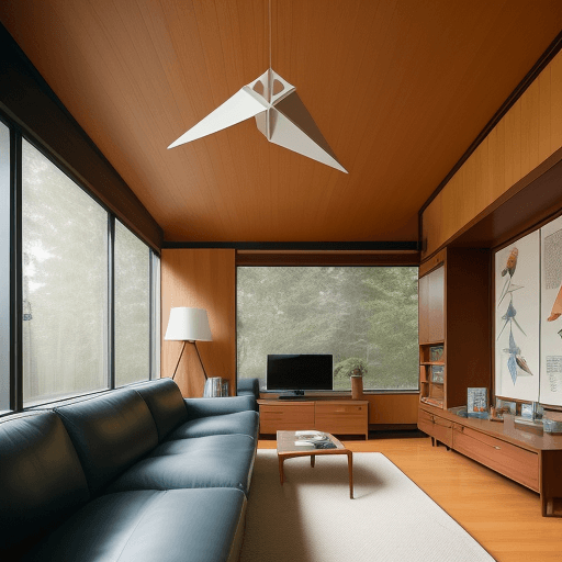 AI generated: a living room with wooden walls, large windows and a leather couch, in the style of charley harper, ...