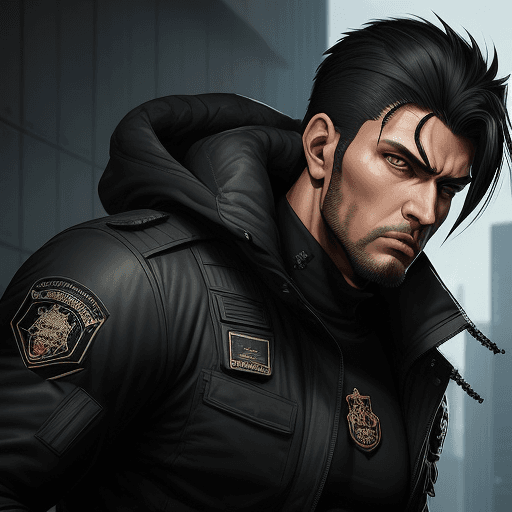 AI generated: man of medium height, with an imposing presence, he has short black hair and intense hazel eyes, his...