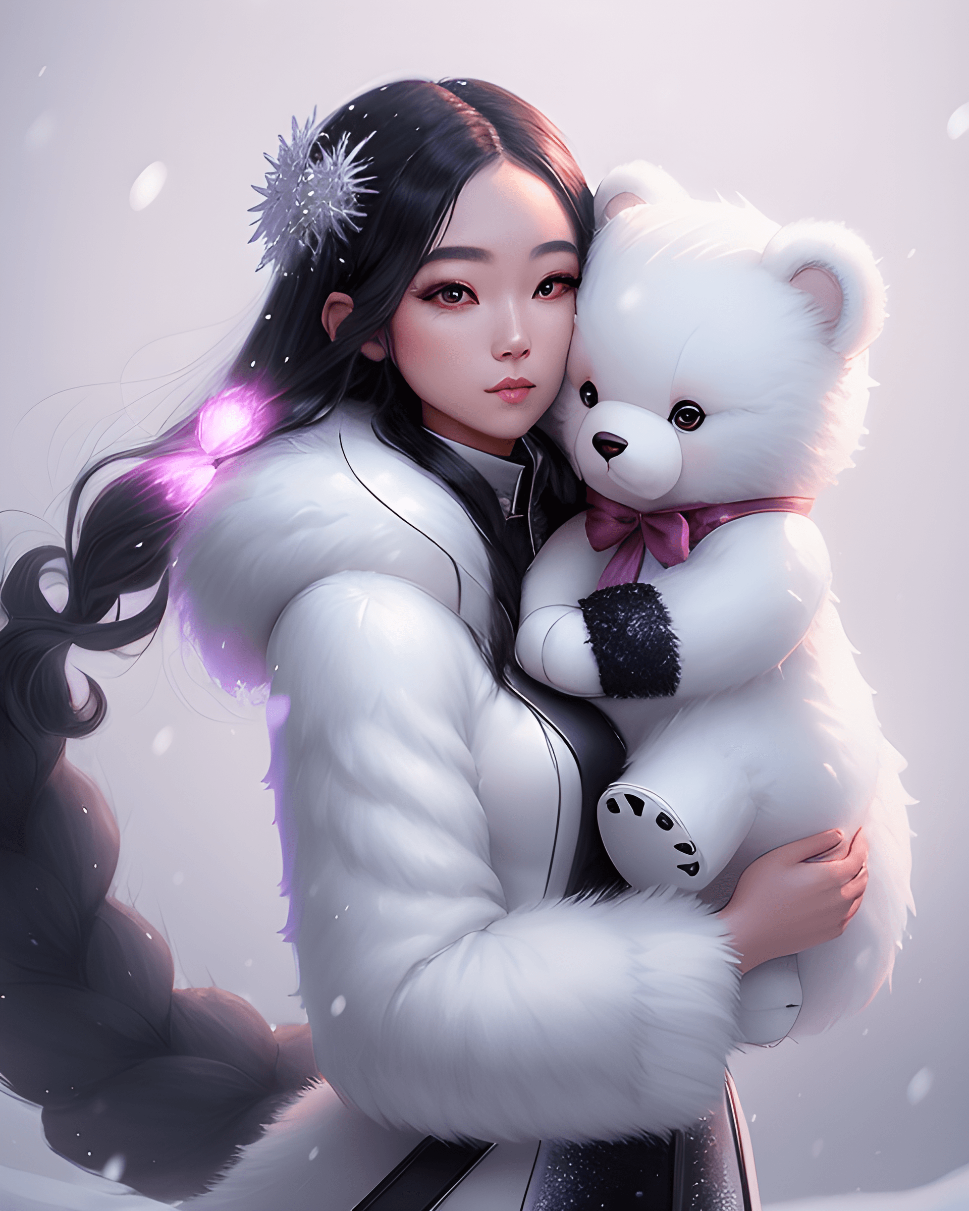 AI generated: a woman in a fur coat holding a teddy bear, inspired by Ross Tran, snow glow, 🐋 as 🐘 as 🤖 as 👽 a...