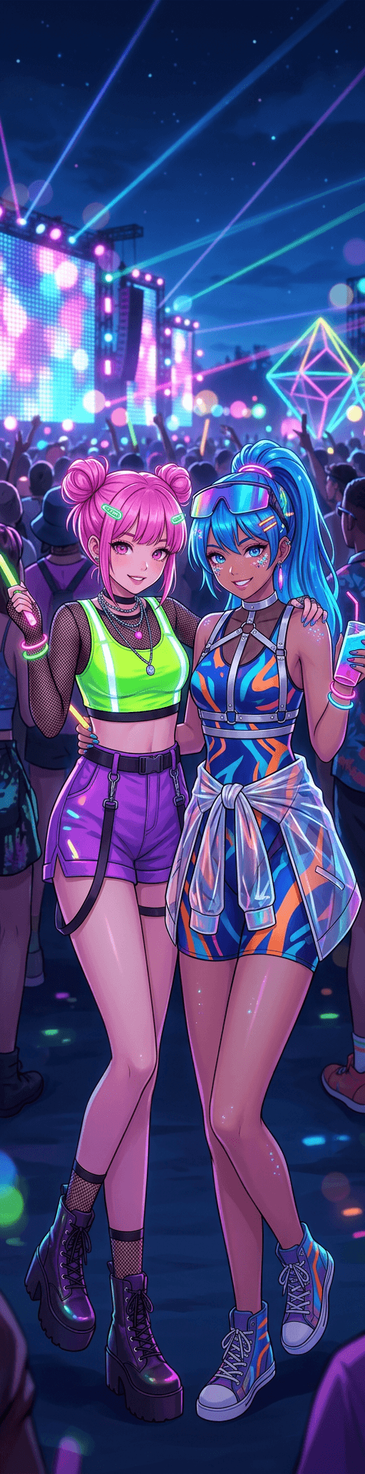 AI generated: wanna make a duo waifu girls in rave clothing 
