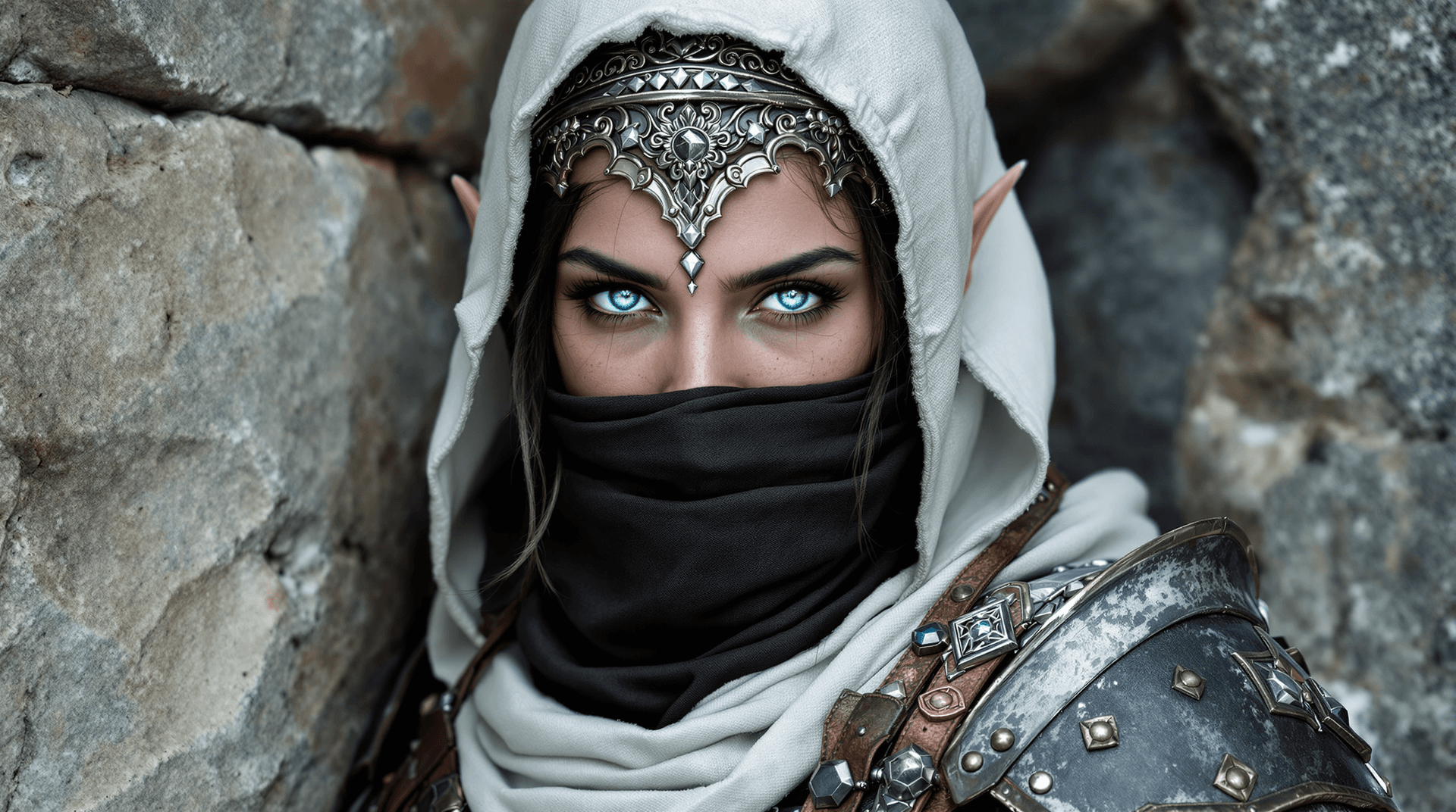 AI generated: female warrior, young adult, likely Middle Eastern, wearing intricate, dark-gray metal armor with br...