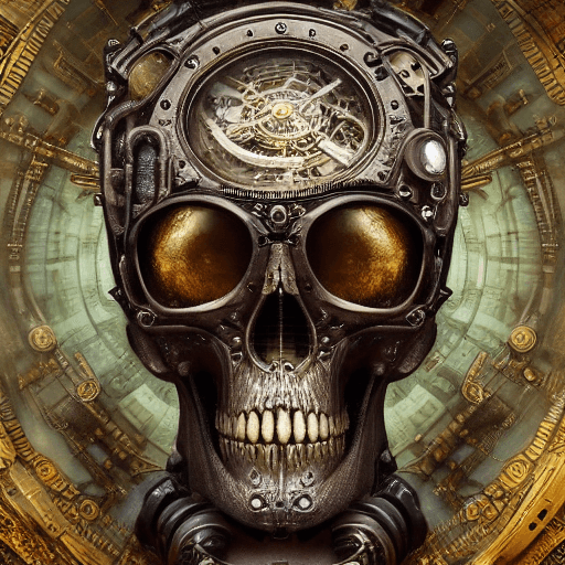 AI generated: hyperdetailed steampunk laboratory interior, potrait front shot, symmetric male skull head and neck,...