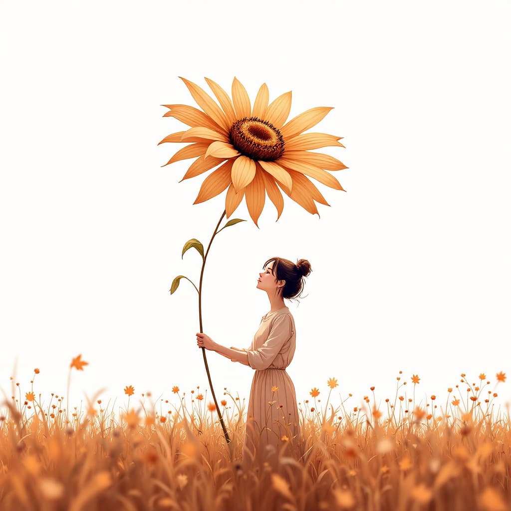 AI generated: A girl holding a huge flower, micro art, girl standing in the autumn field basking in the sun, autum...