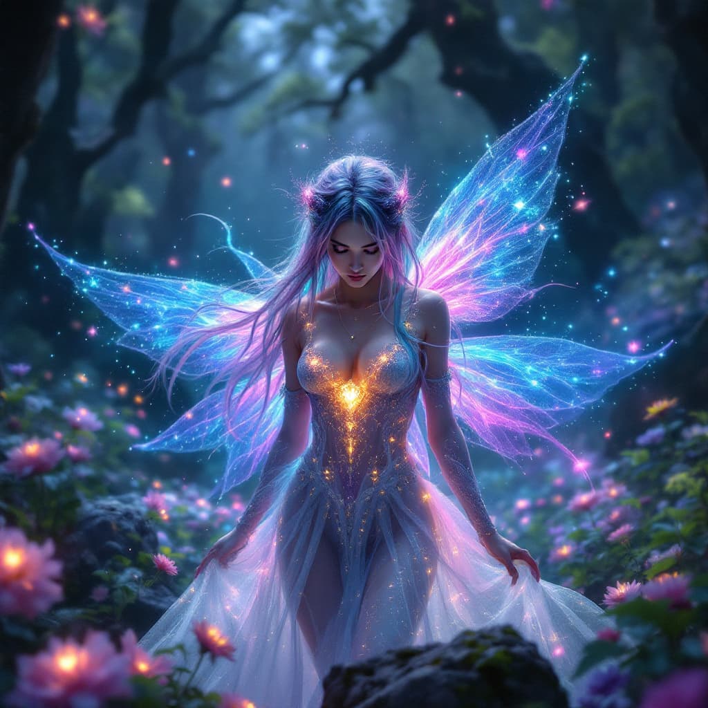 AI generated: Magical Forest scenery, chronomancer(a female), a time-manipulating mage,clean skin, particles of li...