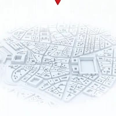 AI generated video: Smooth, premium camera push-in with a slight cinematic orbit over the 3D map of Madrid. Starting wit...