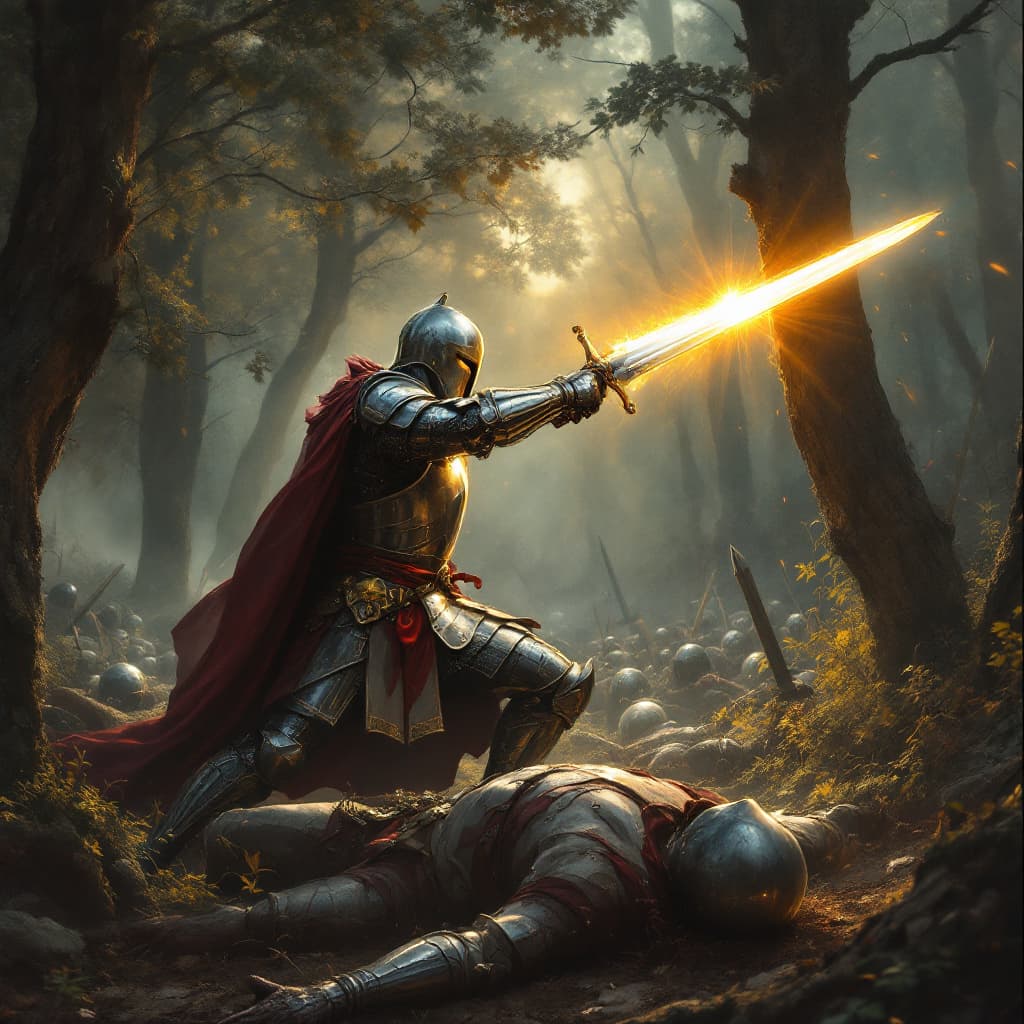 AI generated: Templar knight, wielding his sword, which has a resplendent flash of the sun, fighting the enemy, wh...