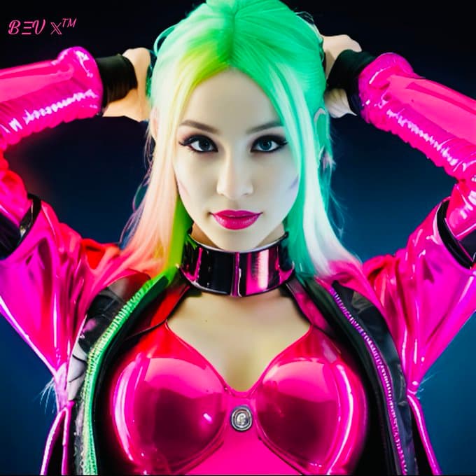 AI generated: A photo of a beautiful humanoid woman, wearing a bright hot pink shiny catsuit, a crazy wicked smile...