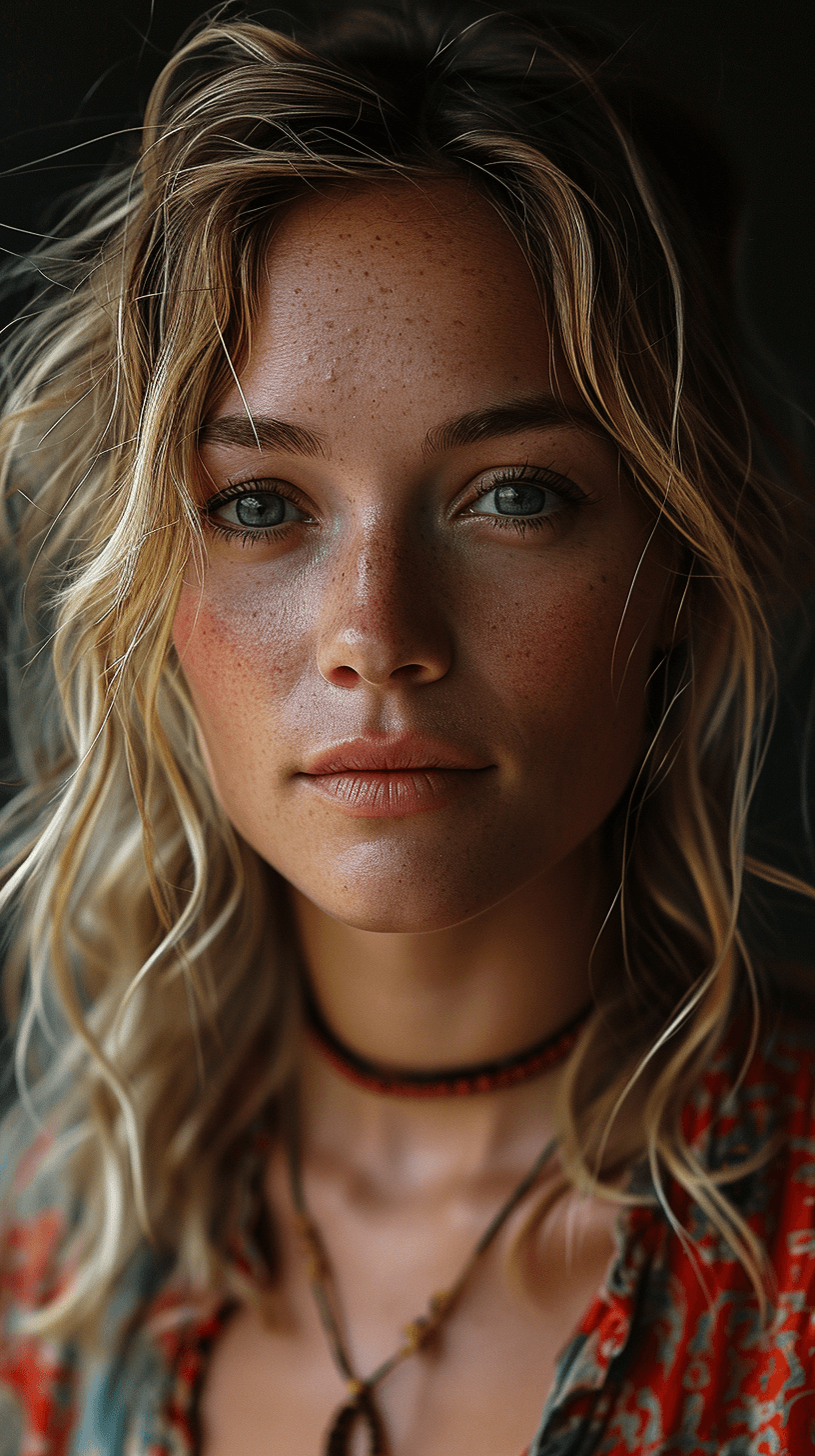 AI generated: a realistic photo of a [very pretty 35 year old woman], with [long, wavy, blondes hair], looks like ...