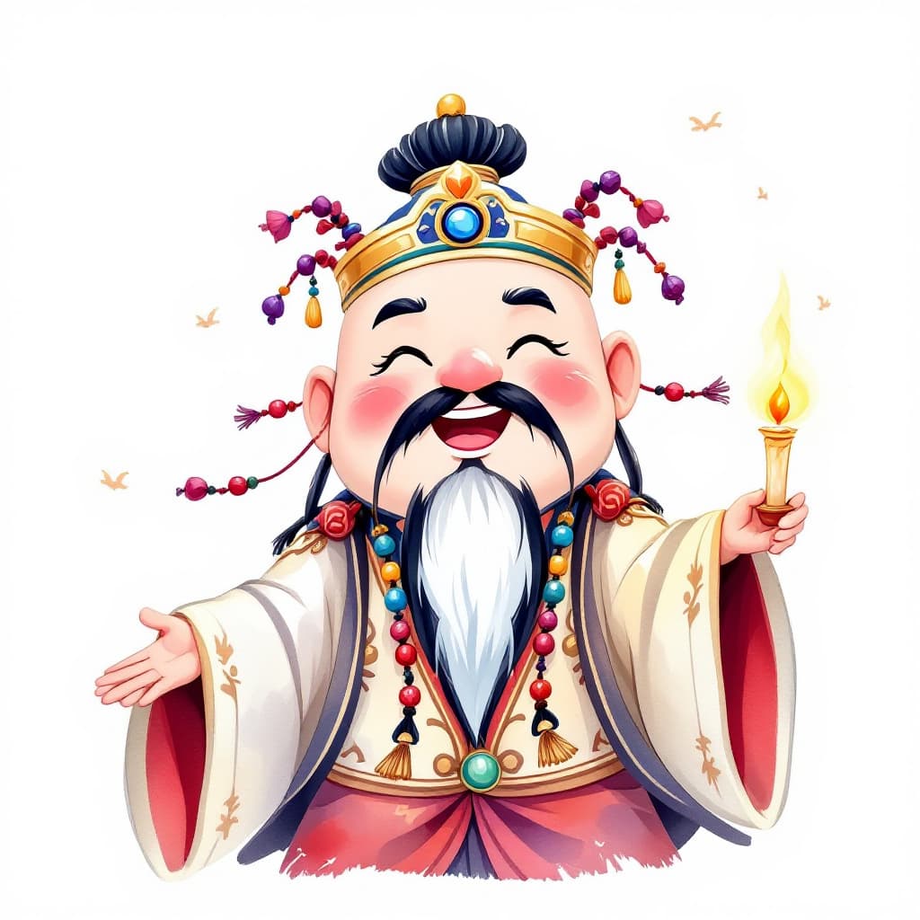 AI generated: A cute, oriental, Taoist, male, god, watercolor animation, preaching, wearing a crown, eyes slightly...