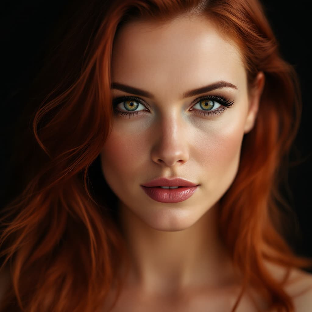 AI generated: Very close-up front portrait of a scarlett johanssen, medium length red hair, dark background, light...