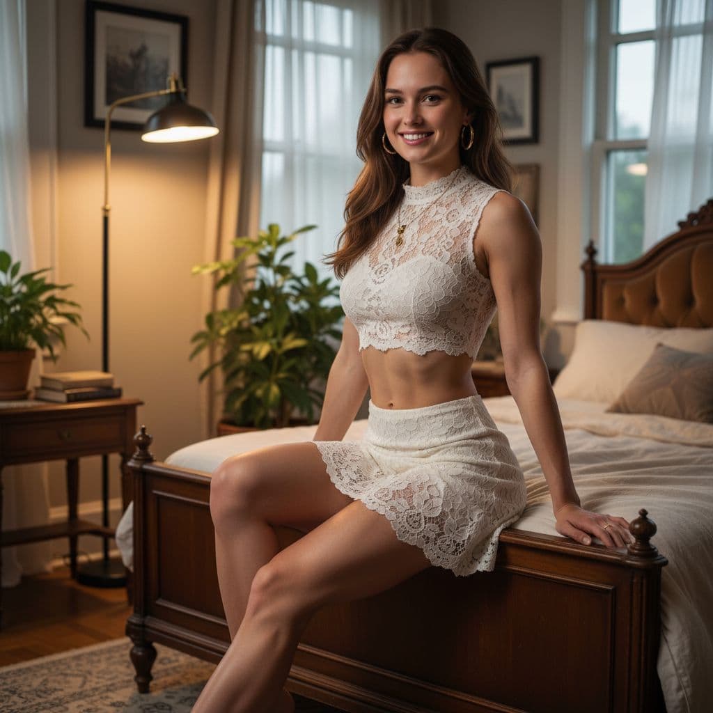 AI generated: A realistic portrait of 18 y young female, sitting gracefully on the edge of a vintage bed in a warm...