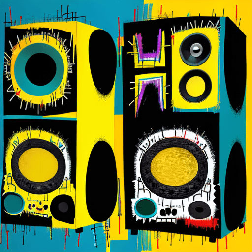 AI generated: Abstract composition pattern of speakers and dj equipment.  Primary colors of dark teal and dark yel...