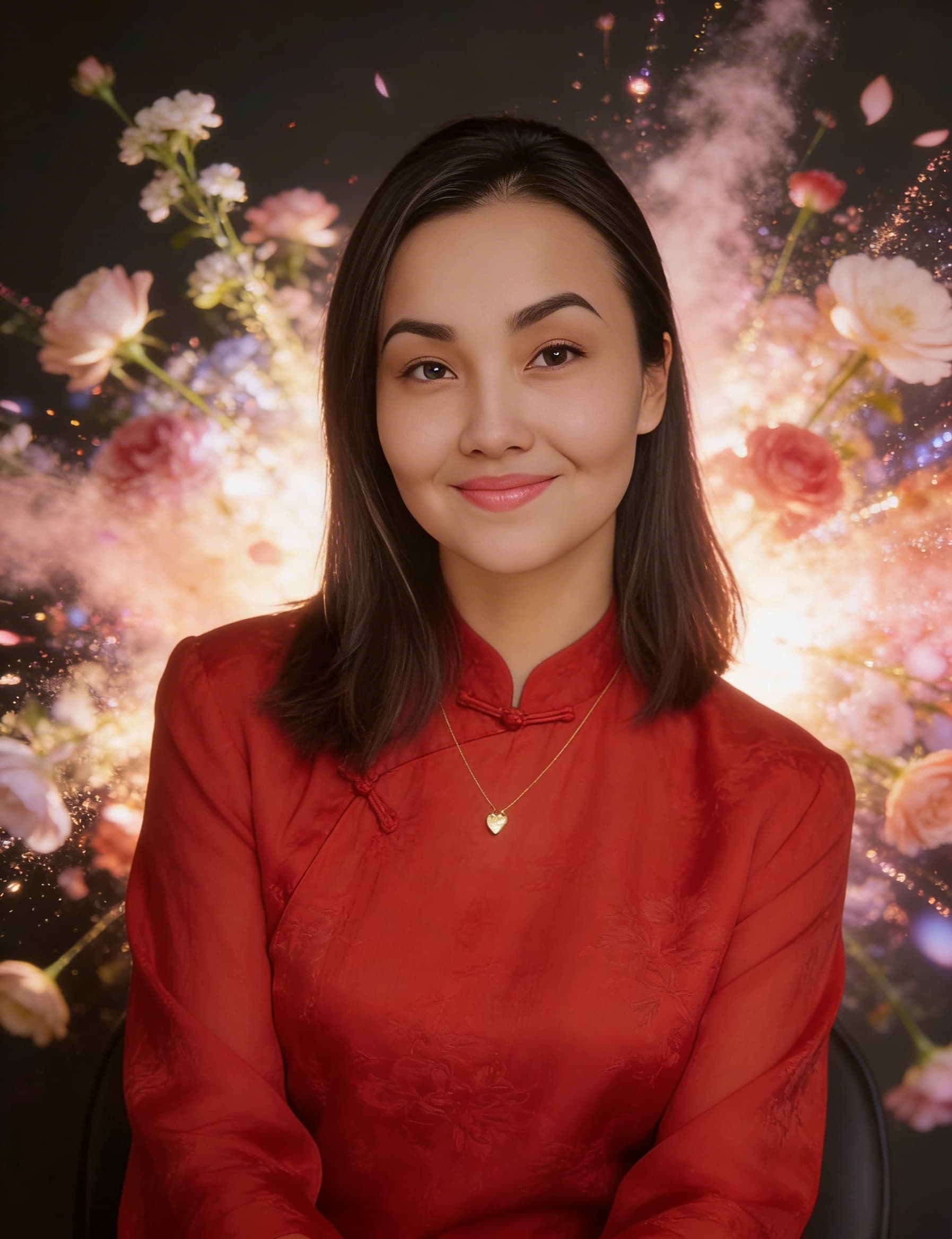 AI generated: chinese red blouse, in the style of dreamy and romantic compositions, floral explosions --ar 24:37 -...