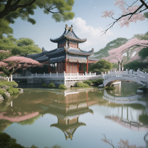 AI generated: dream like world, chinese garden architecture,suzhou style,white clouds lingering,seven fairies,surr...
