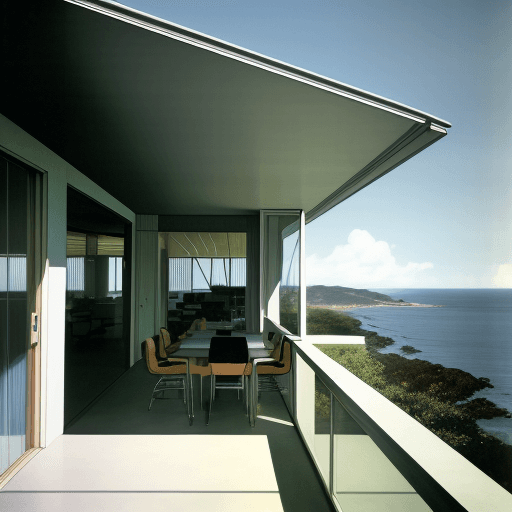 AI generated: Hyper realistic eye level exterior photo of a mid century modern style house overlooking the ocean, ...