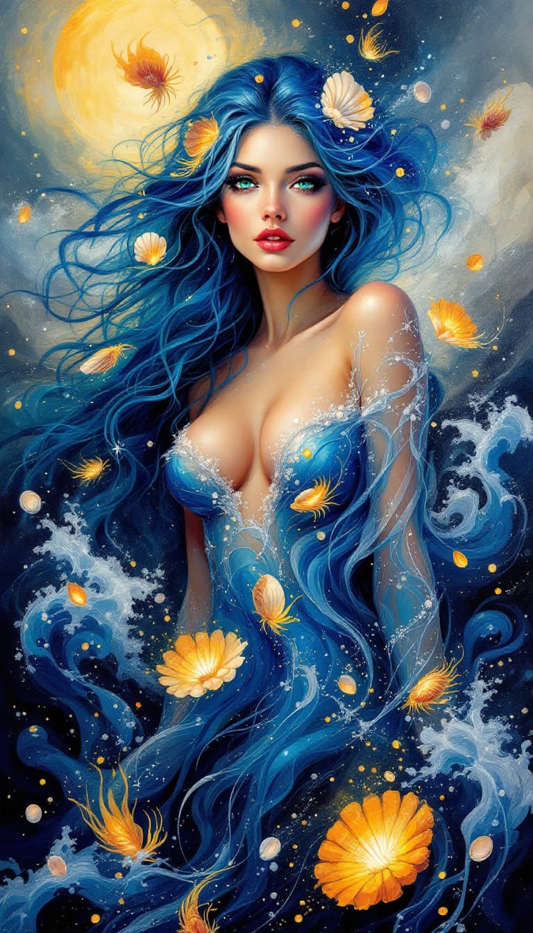 AI generated: "Sapphire Siren in a Symphony of Storms": A mesmerizing abstract painting portrays a siren, with bot...