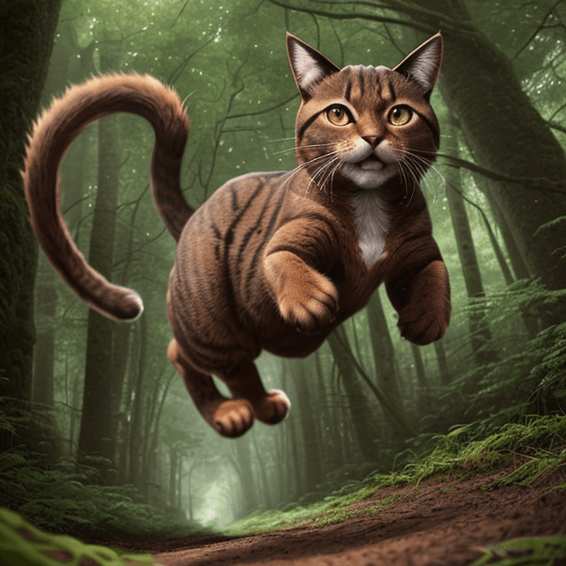 AI generated: frontal view of a nice, wise, giant brown cat jumping in a prehistoric forest, looking down, frontal...