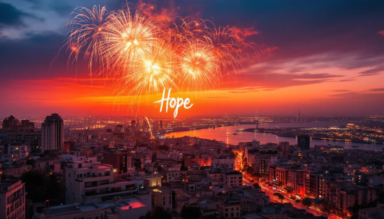 AI generated: Stunning Sunset over the city of Beirut, with the word "Hope" in the sky written with Fireworks