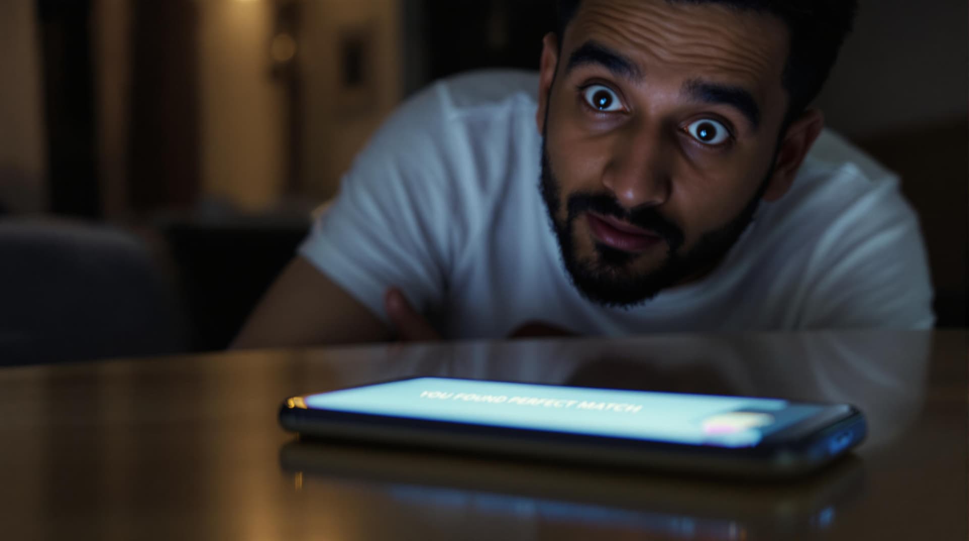 AI generated: "A close-up shot of a smartphone from lying on a wooden table in dimly lit flat. The screen displays...