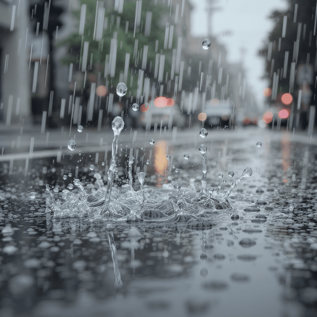 AI generated: 23.	macro 3D render of rain splashing on asphalt, individual droplets frozen mid-impact --v 7-- styl...