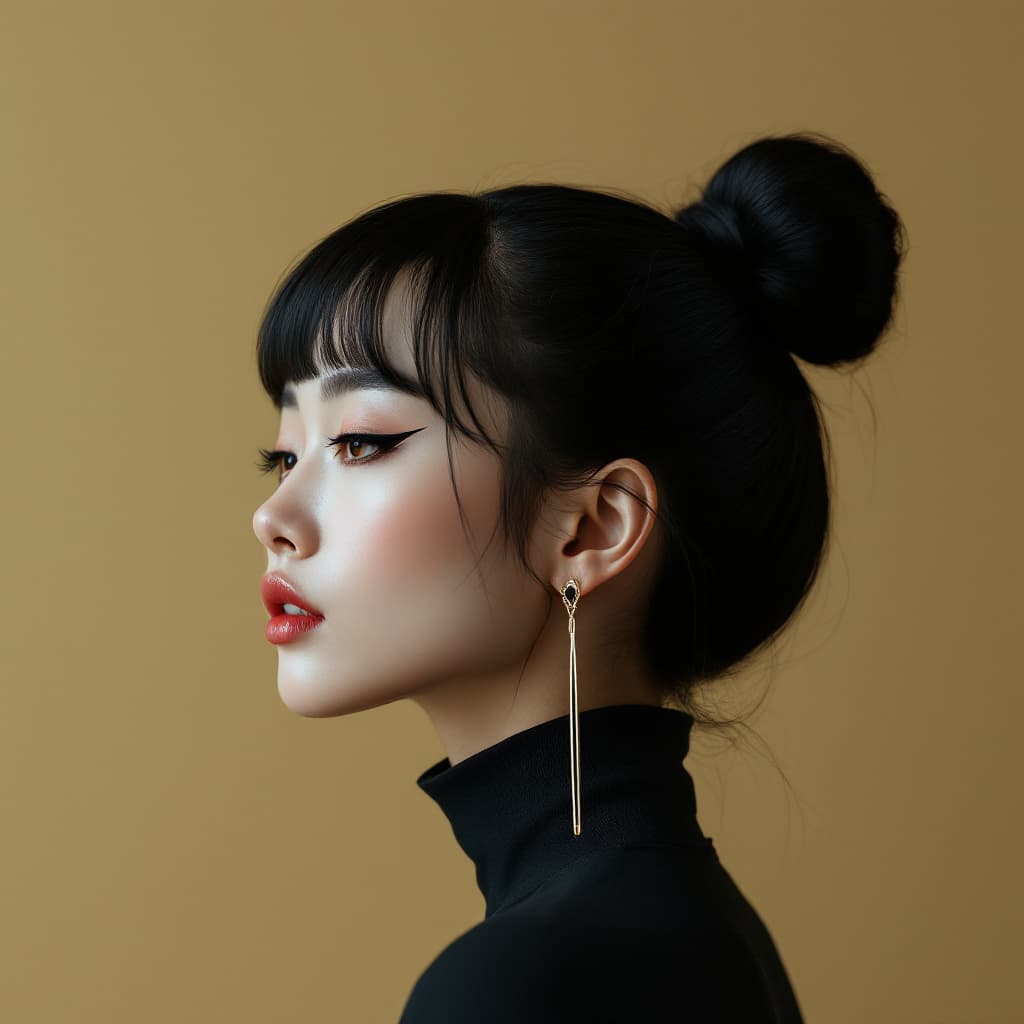 AI generated: Side profile portrait of an East Asian woman with a high messy bun and short, blunt bangs. Her black...