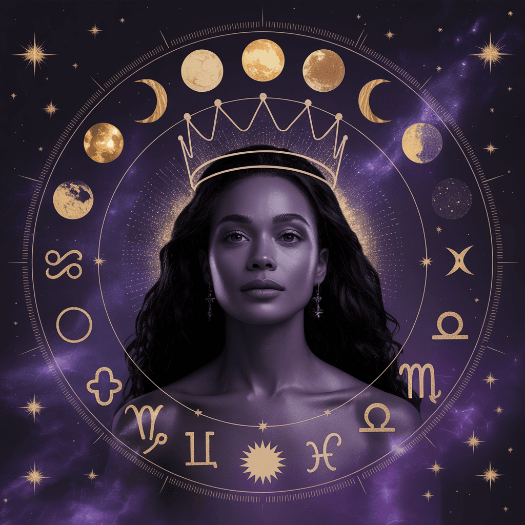 AI generated: Royal celestial goddess theme in deep royal purple and cosmic gold — elegant, mystical, luxury astro...
