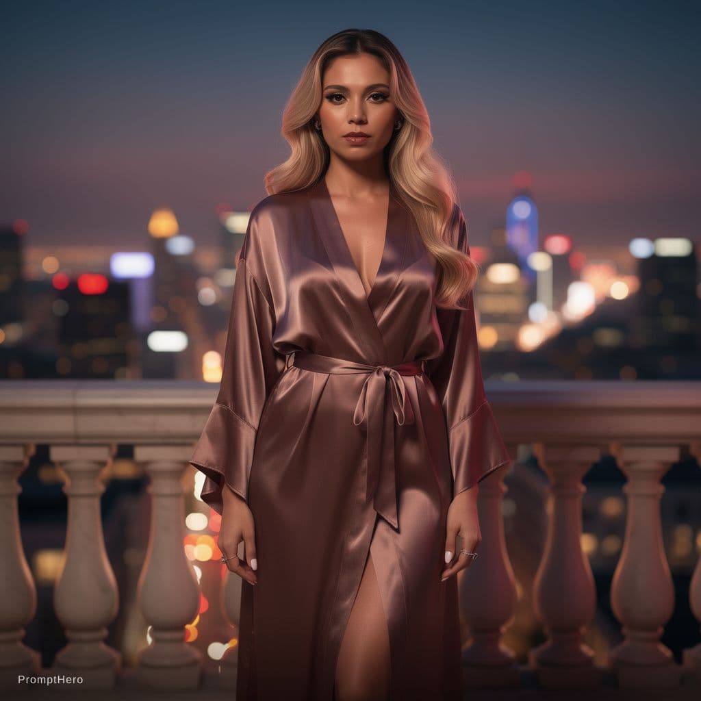 AI generated: A blonde woman with long, softly waved hair cascading over her shoulders stands in a silk robe loose...