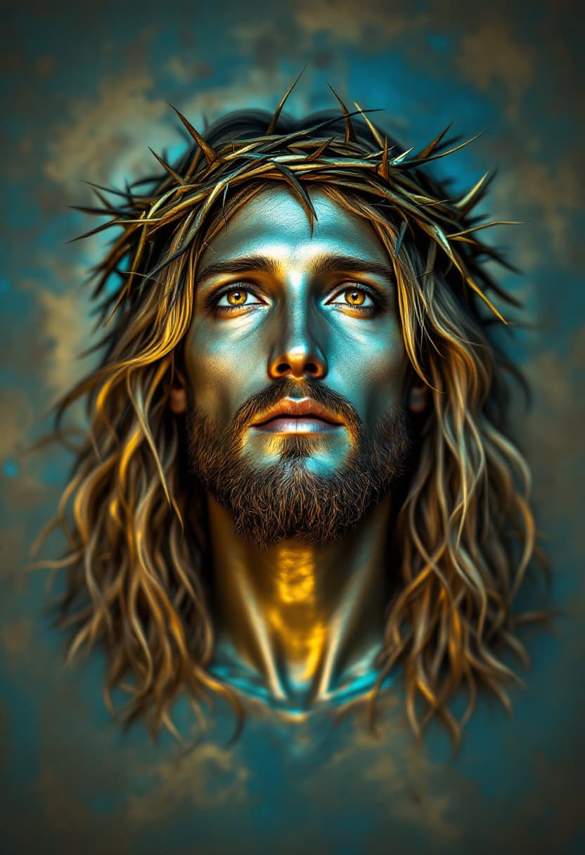 AI generated: front direct view portrait of blond jesus christ head with crown of thorns, brown eyes, metalic skin...