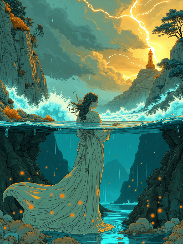 AI generated: An AI Baroque masterpiece with the lens half-submerged, showcasing a dramatic split between serene u...
