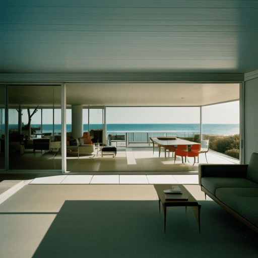 AI generated: Hyper realistic eye level exterior photo of a mid century modern style house overlooking the ocean, ...