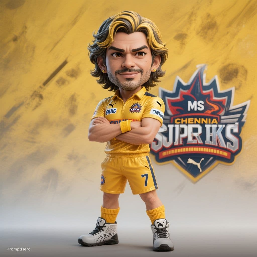 AI generated: 3D rendered caricature figurine of MS Dhoni, big head chibi style, wearing yellow CSK kit, number 7 ...
