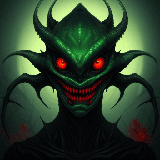 AI generated:  scary aliens creature that looks like evil from sea, green deadly red eyes, horror,  golden skin, 