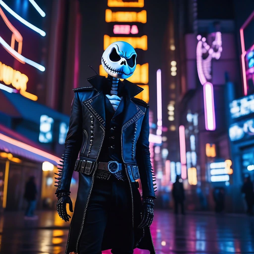 AI generated: Set in a futuristic dystopian cyberpunk city, (RAW 8k photo) of Jack Skellington, ((best quality)), ...