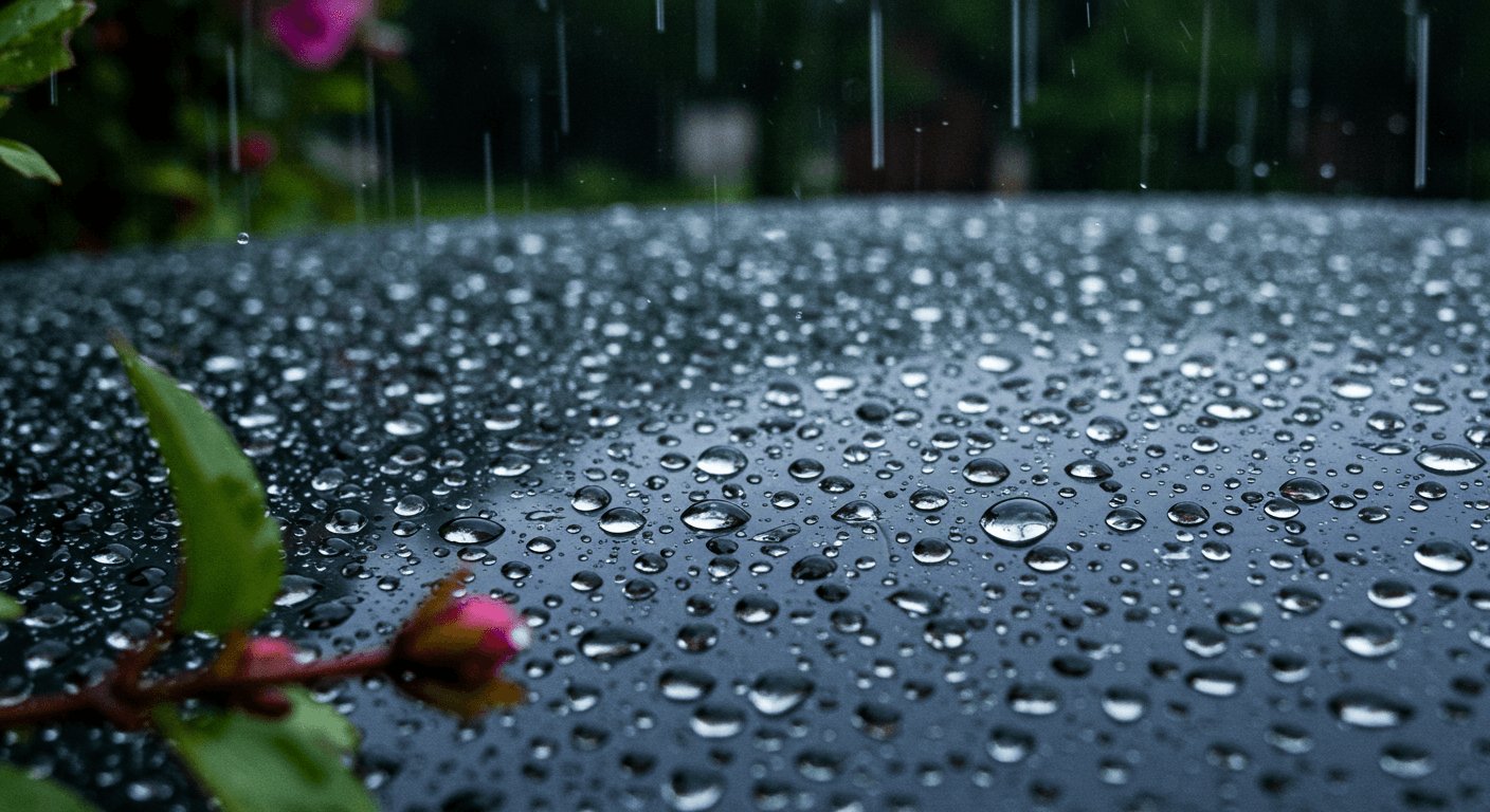 AI generated: Hyperrealistic macro photography of water droplets on a sleek, reflective surface during a gentle ra...