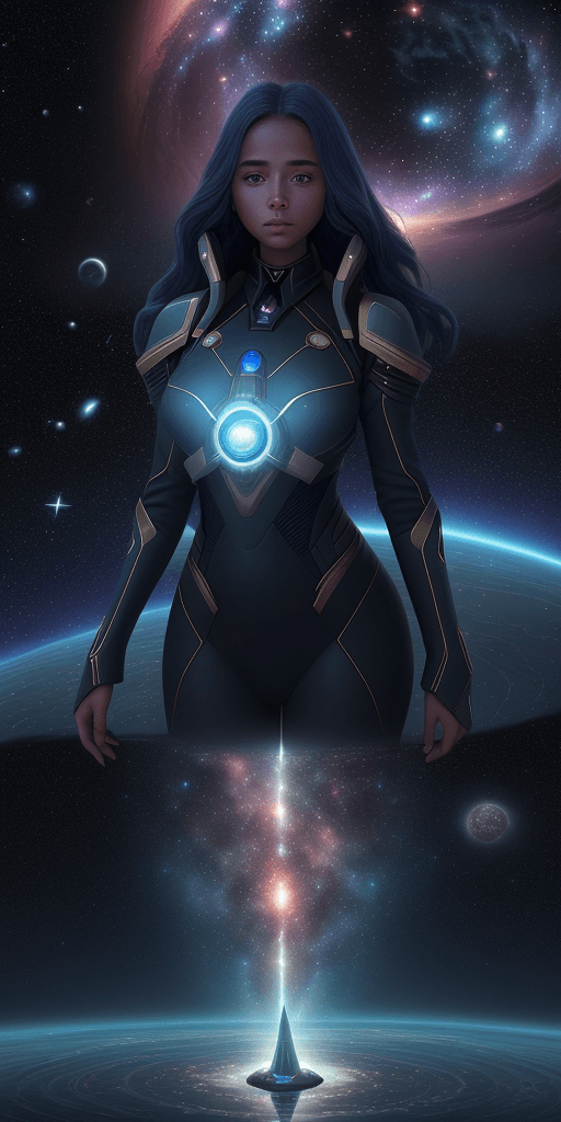 AI generated: The world of the future. Here, among star systems and mysterious galaxies, a girl from the future tr...