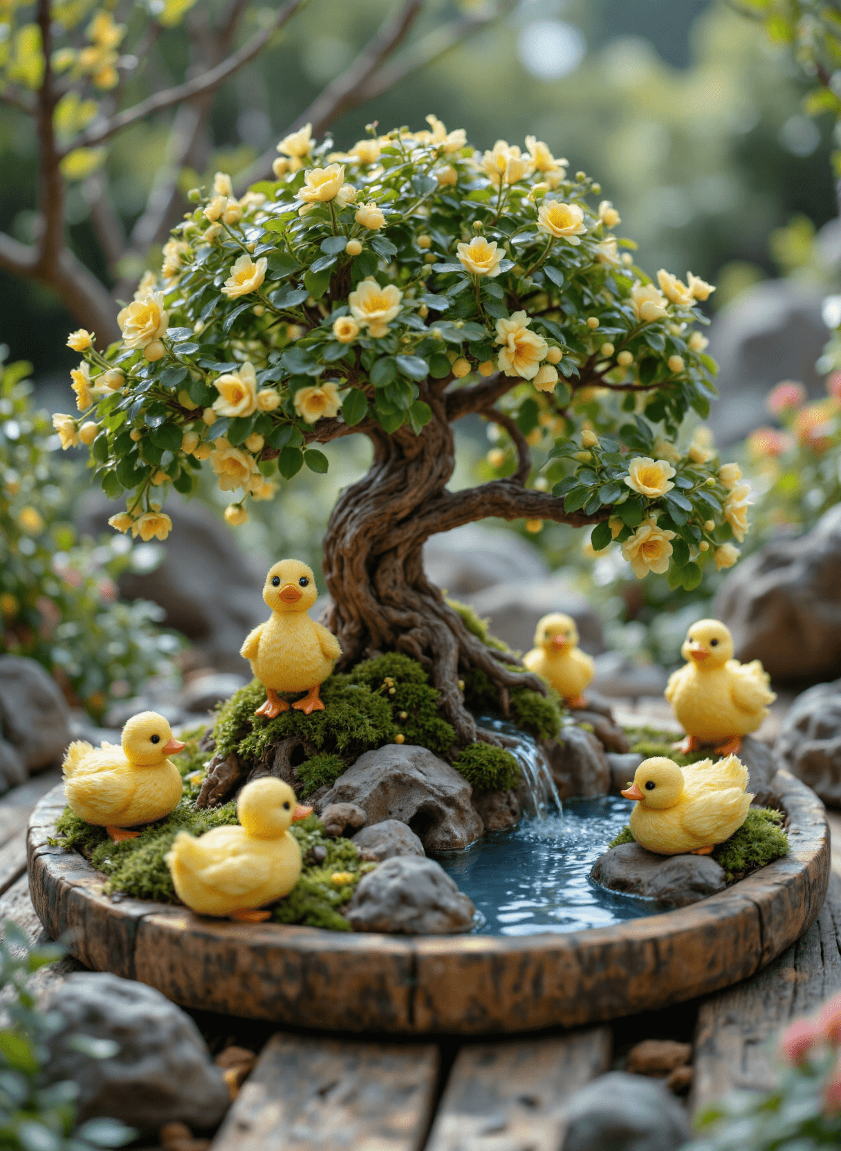 AI generated: The image depicts a miniature scene that includes a small bonsai tree, a pond, and several yellow du...