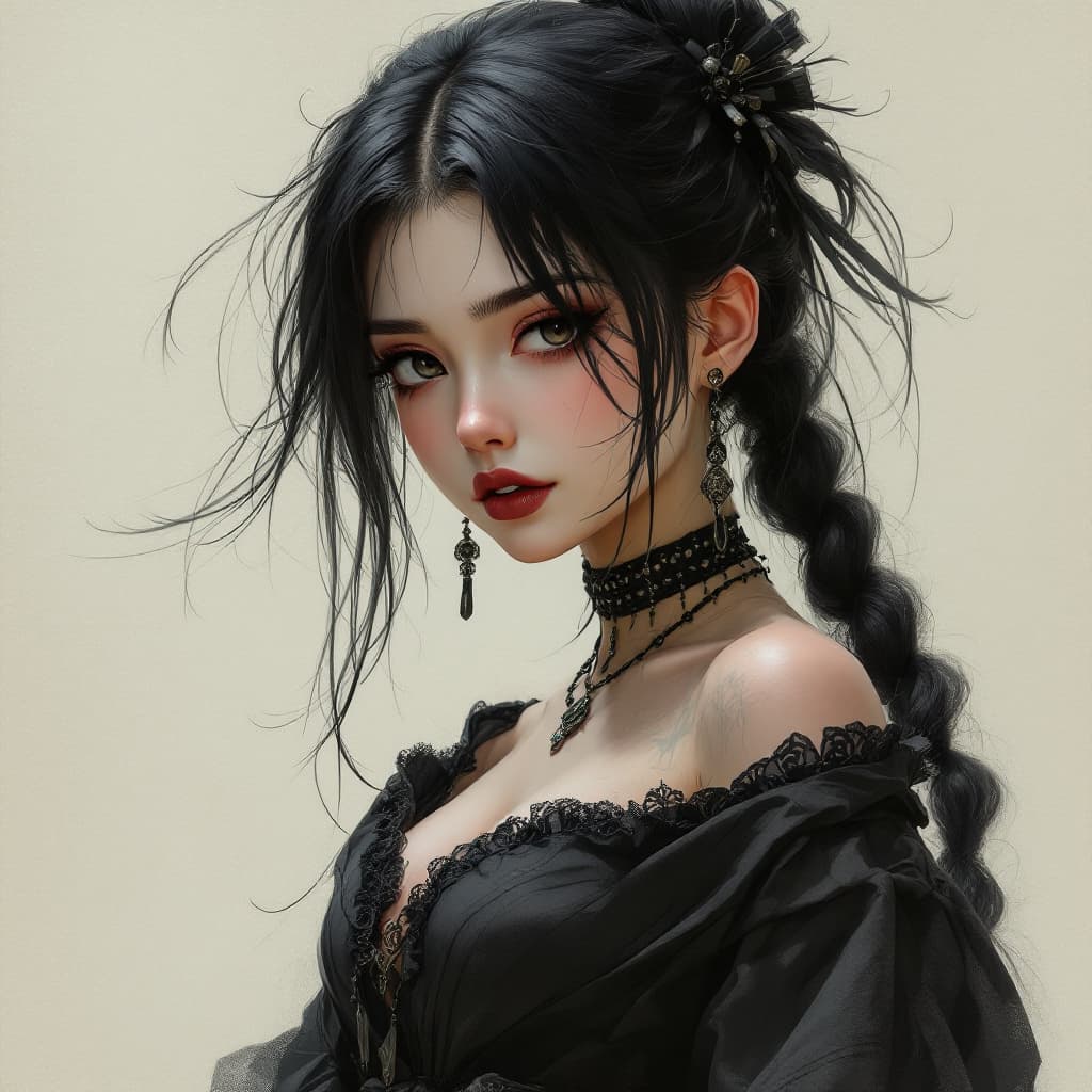 AI generated: a dark haired girl dressed in an asian style, in the style of subtle ink application, appropriation ...