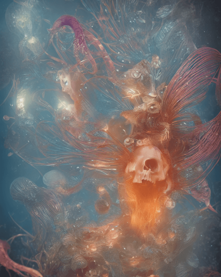 AI generated: Goddess close-up portrait ribcagel. jellyfish phoenix head, nautilus, orchid, skull, betta fish, bio...