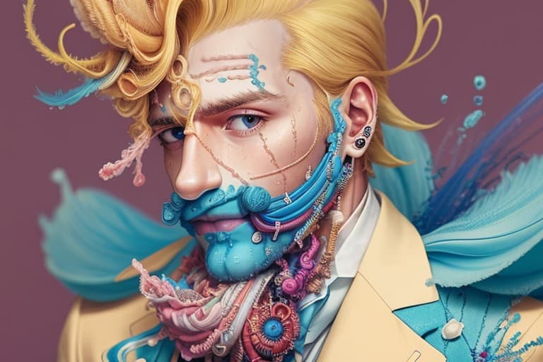AI generated: blond man with thin moustache in suit, (style of Alberto Seveso:1.5), colour explosion