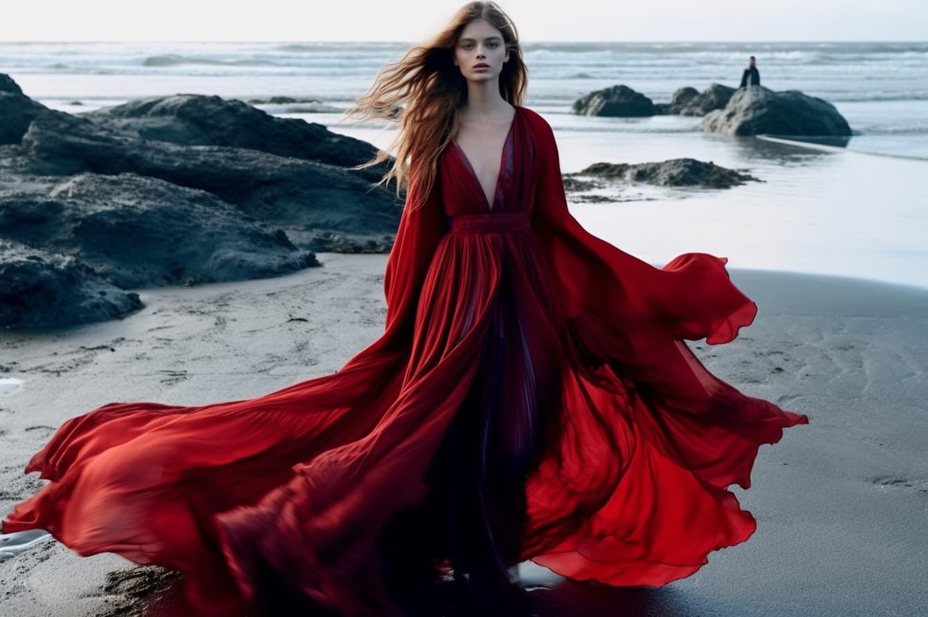 AI generated: a woman in a red dress walking on a beach, a picture, inspired by Annie Leibovitz, flowing hair and ...
