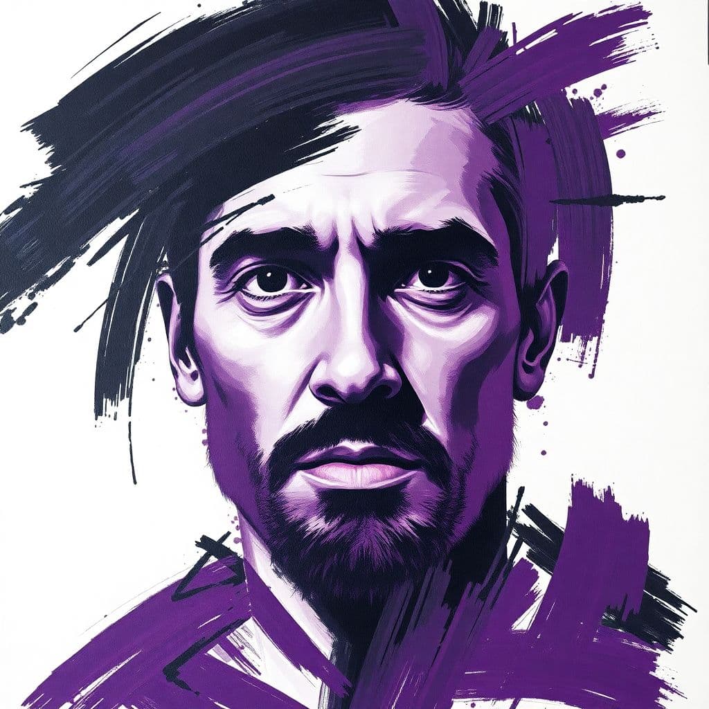 AI generated: abstract portrait using bold, sweeping brush strokes in shades of black and deep purple against a st...