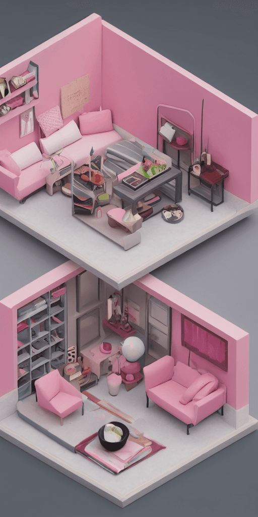 AI generated: Tiny cute isometric living room in a cutaway box, made of rhodochrosite, soft smooth lighting, soft ...